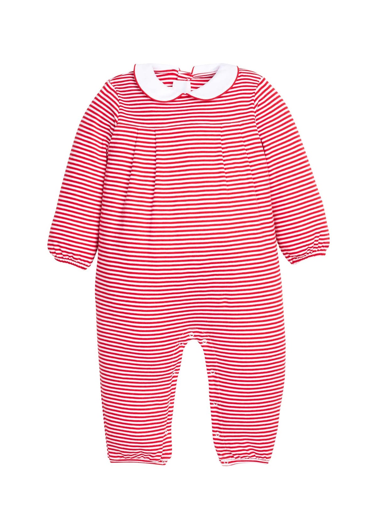 Little English classic children's clothing. Long sleeve knit peter pan romper in red & white stripe for baby boys