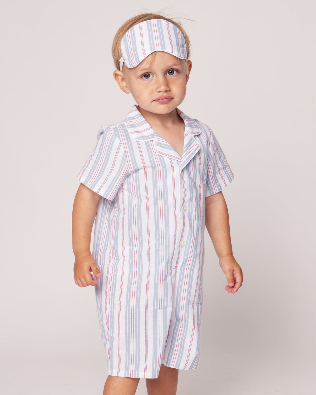 Front view of Baby’s Twill Summer Romper in Vintage French Stripes with striped fabric, collar, and button front