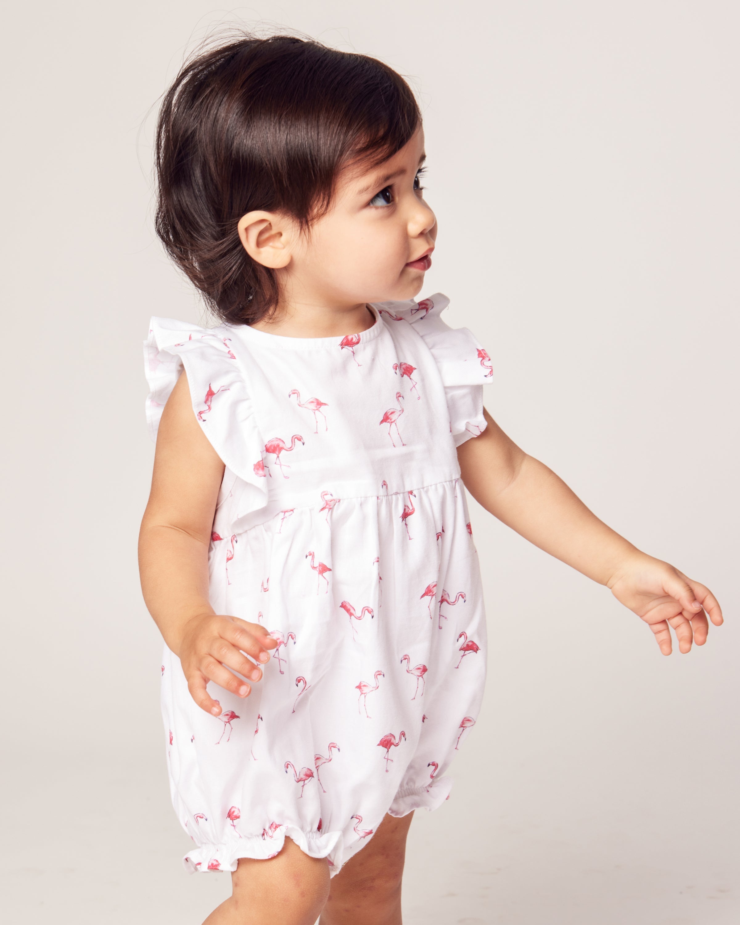 Baby’s Twill Ruffled Romper in Flamingos