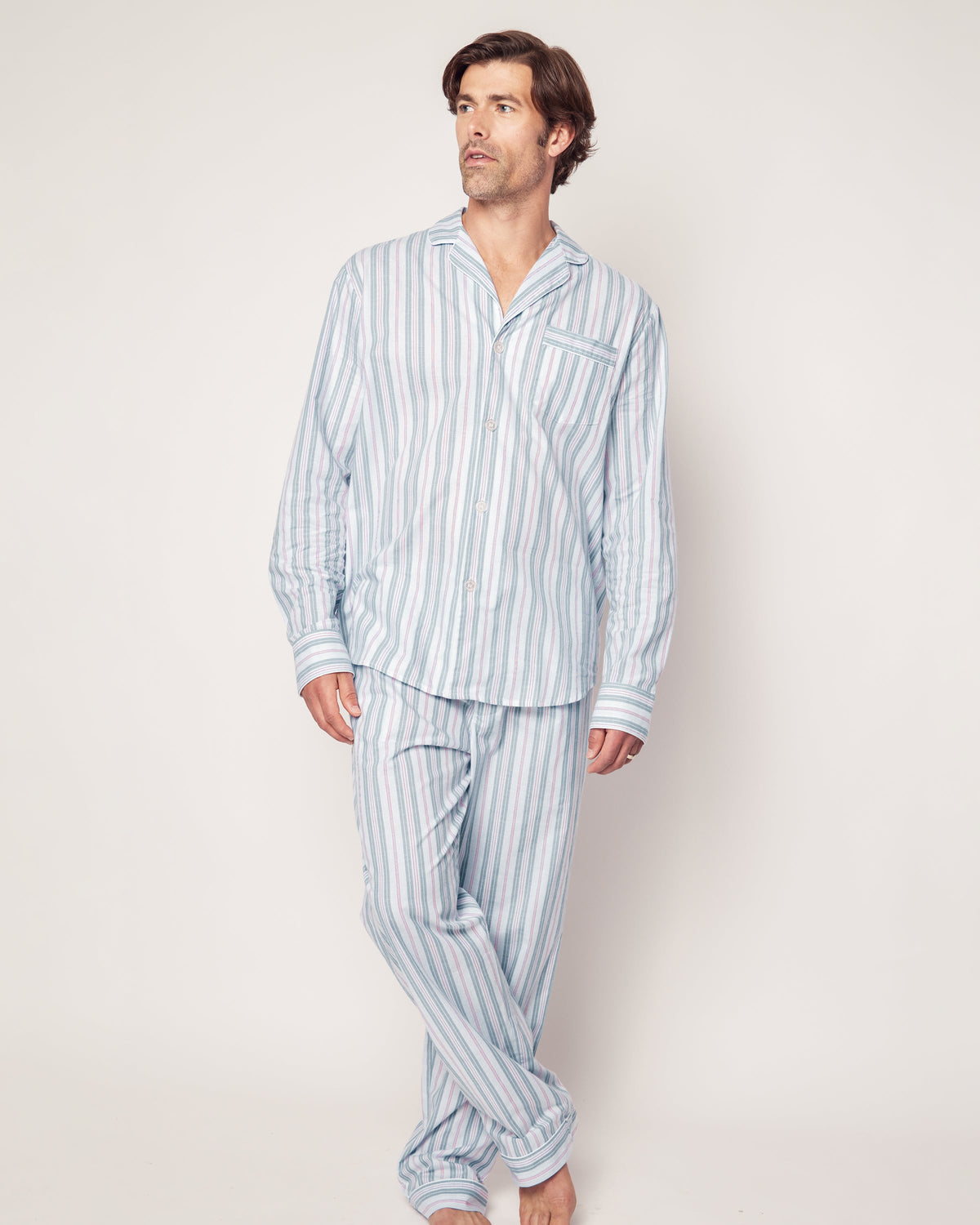 Front view of Men’s Twill Pajama Set in Vintage French Stripes showcasing contrast piping with a neutral background