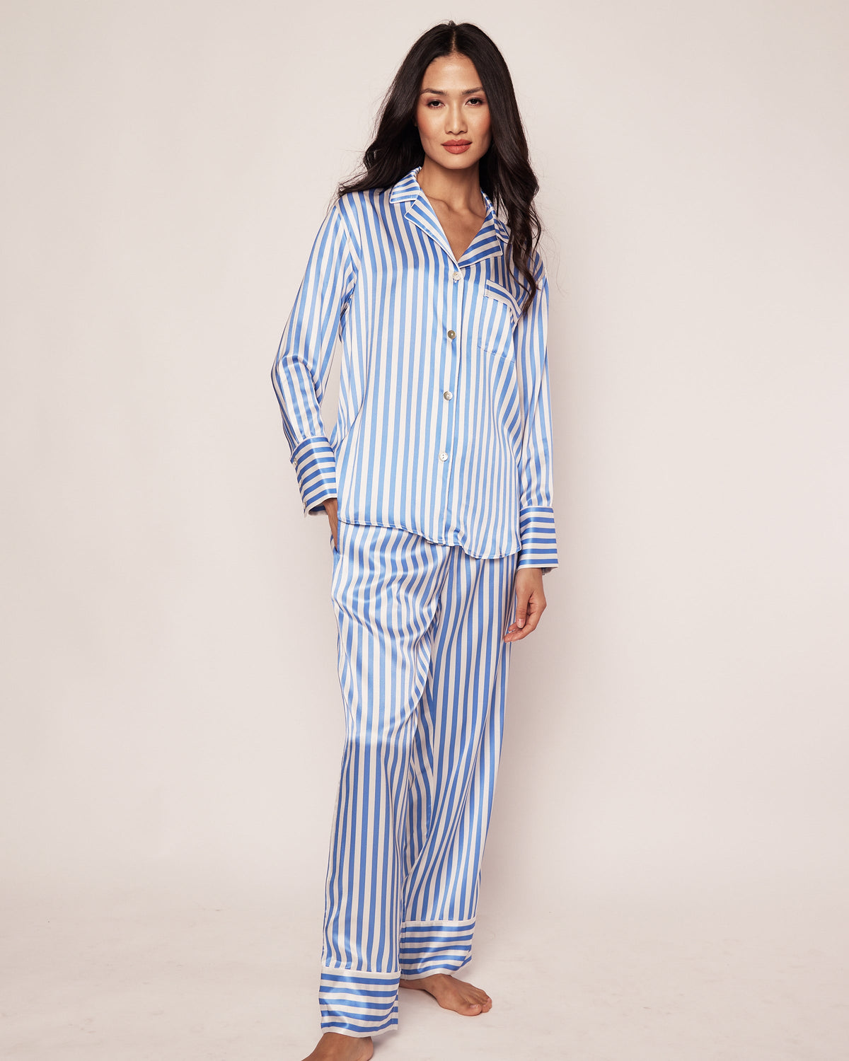 Women's Silk Pajama Set in Azure Stripe