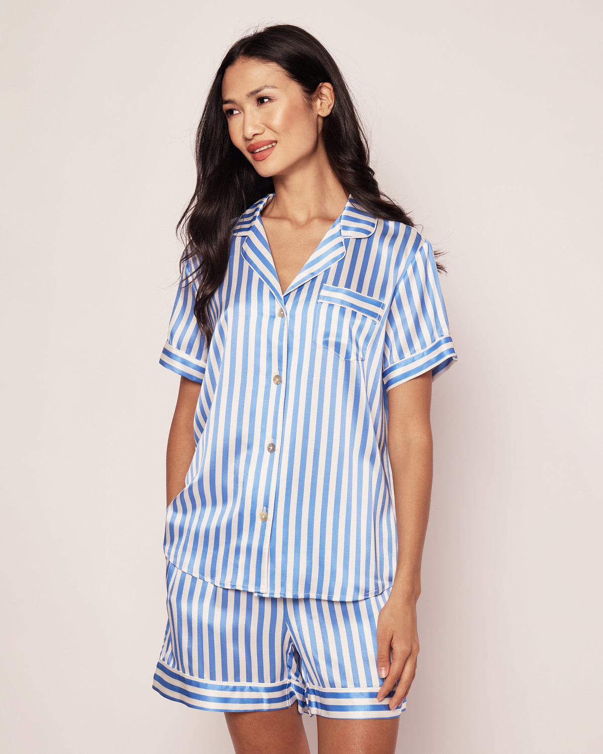 Women's Silk Pajama Short Set in Azure Stripe