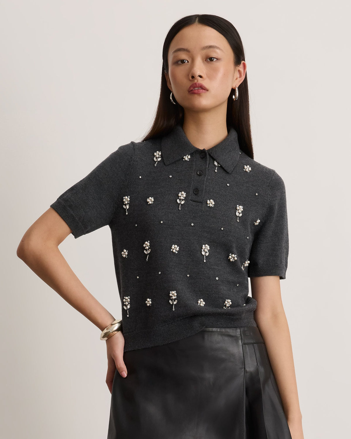 Camilla Embroidered Knit Top in Dark Heather Gray
