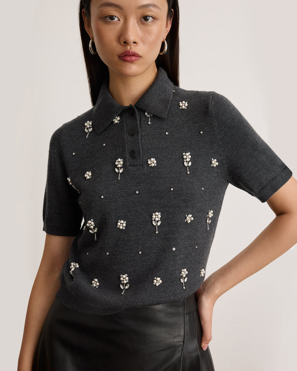 Camilla Embroidered Knit Top in Dark Heather Gray