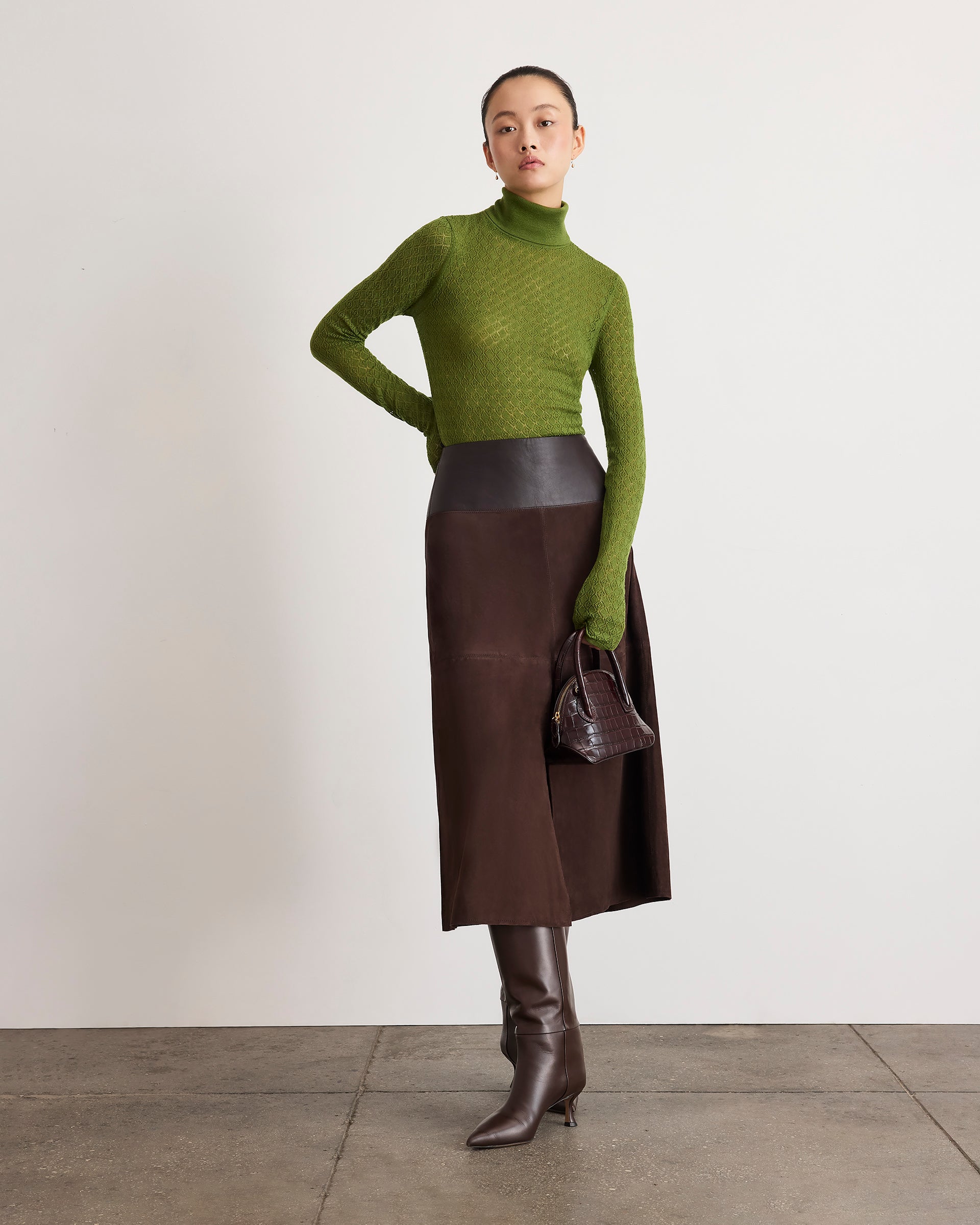 Suede/Leather Hudson Skirt in Dark Fig