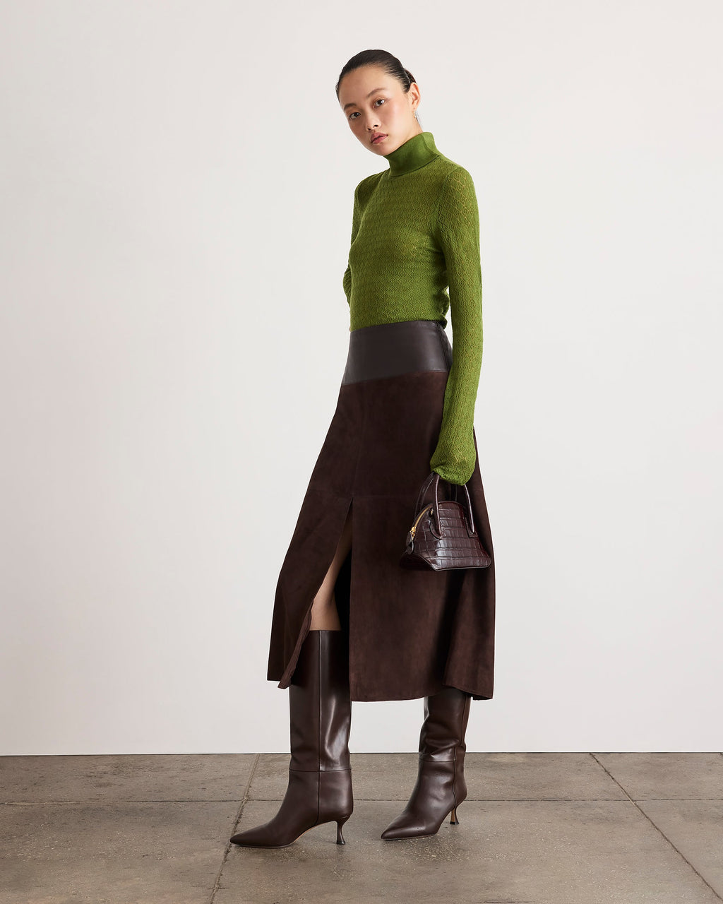 Suede/Leather Hudson Skirt in Dark Fig