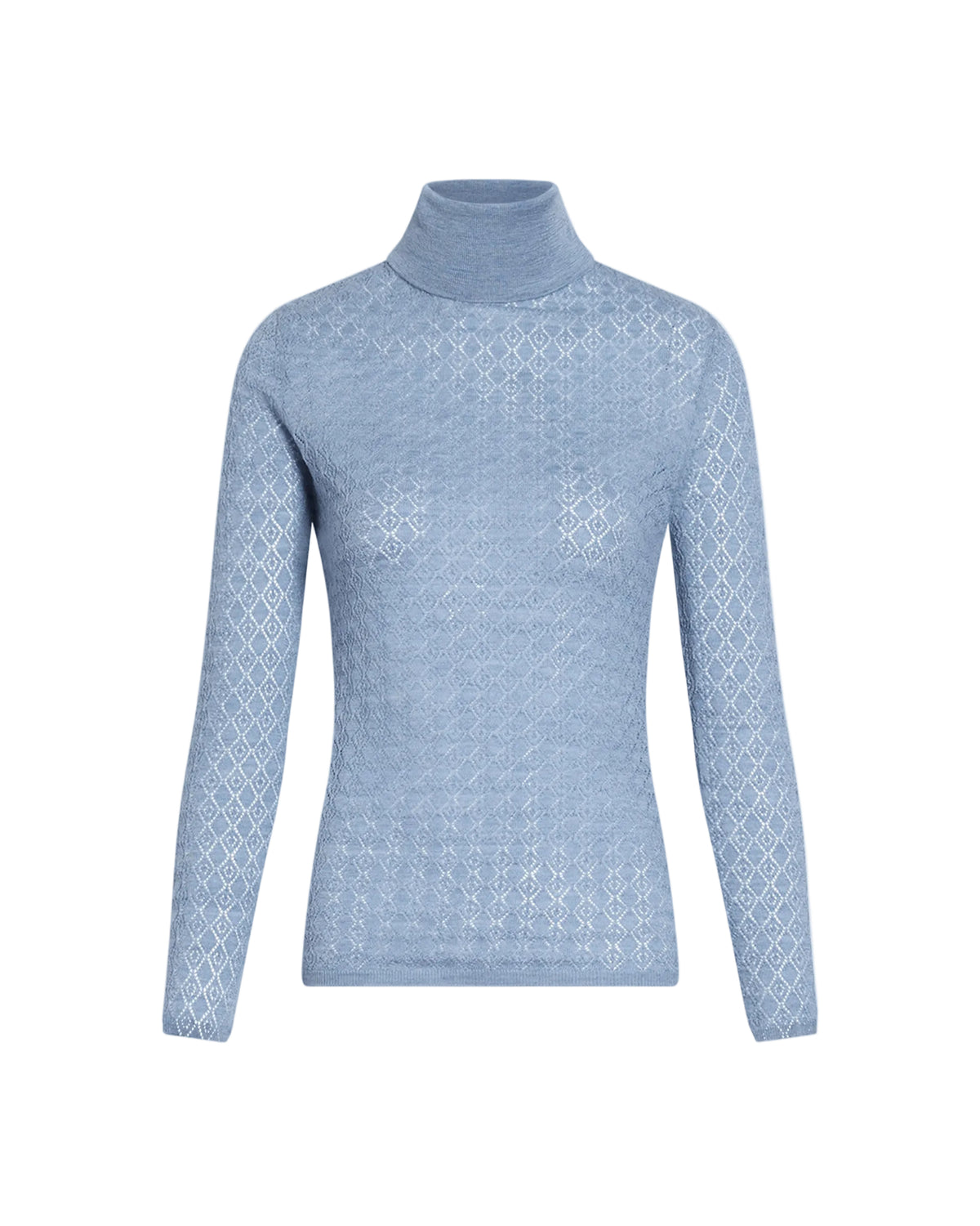 Front view of Kayden Turtleneck in Cloudy Seafoam showcasing pointelle knit, turtleneck, and long sleeves with a white background