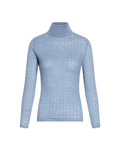 Front view of Kayden Turtleneck in Cloudy Seafoam showcasing pointelle knit, turtleneck, and long sleeves with a white background