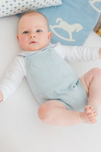 little english classic children's clothing baby boys light blue pointelle knit bubble with pinpoint onesie with rocking horse motif. Pima crib sheet in blue micro dot, for baby boy