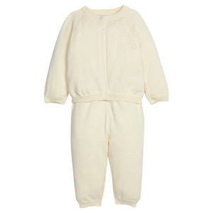 Little English traditional children's clothing. Long sleeve and long pant cream pointelle sweater set for baby.