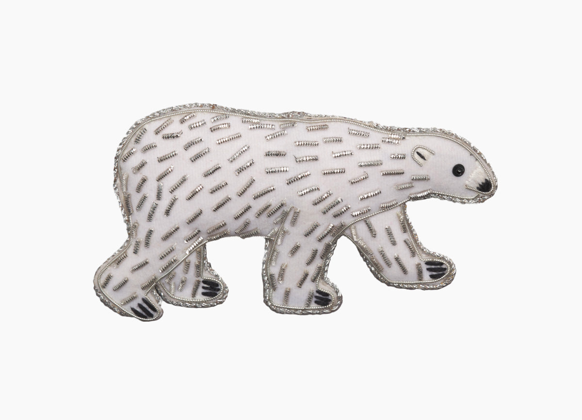 Front view of Polar Bear Ornament showcasing bead and metallic thread embroidery on velveteen with a white background