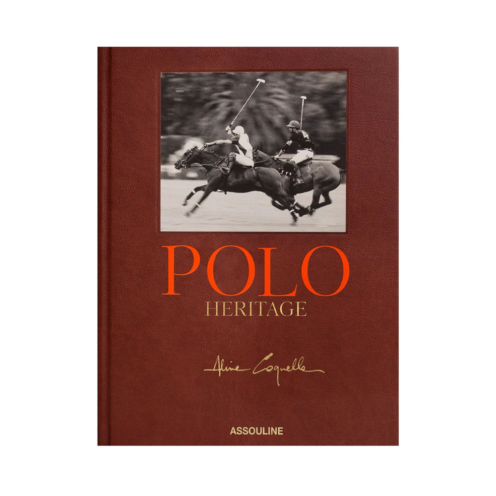 Front cover of Polo Heritage hardcover with brown leather-look, black-and-white photo of polo players and large orange POLO title