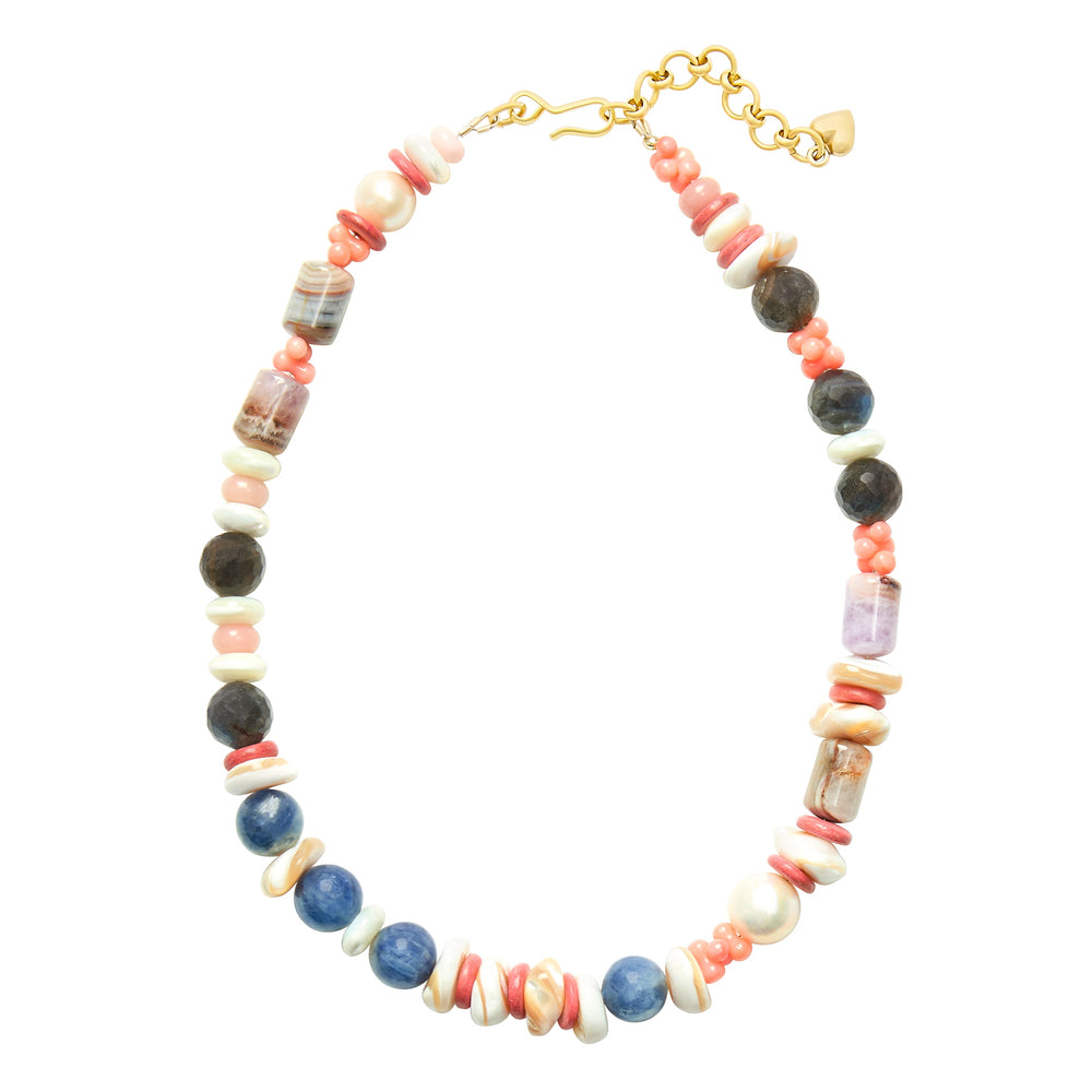 Flat lay of Poolside Confetti Necklace showing multicolored gemstone and shell beads with 24K antique gold-plated chain