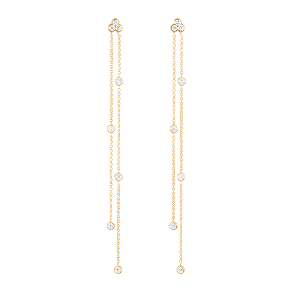Front view of Poppy Earrings in 14k yellow gold showcasing dual chain-drop design with 16 bezel-set diamonds on white background