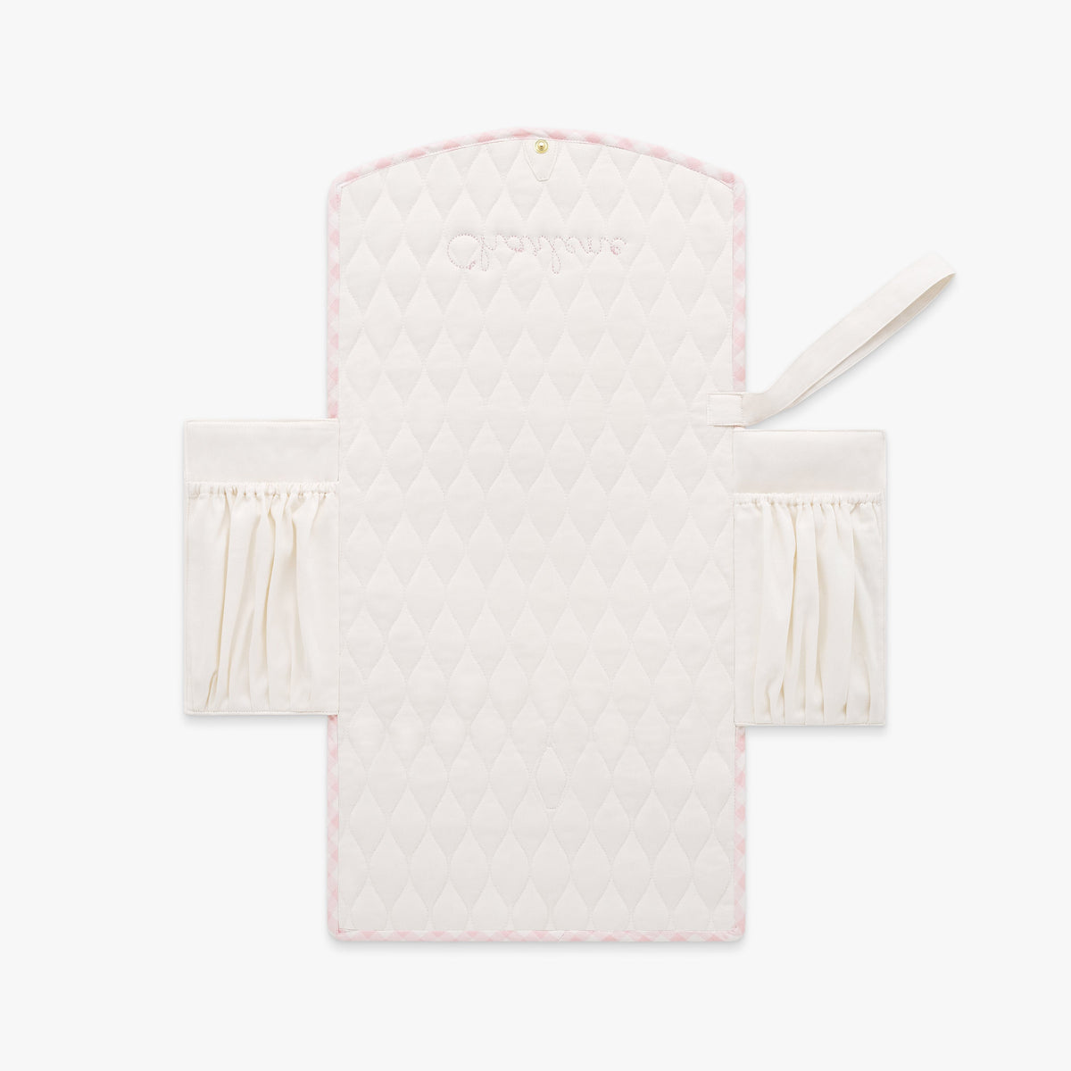 Portable Changing Pad in Pink Gingham. Inside is Ivory with pocket detail