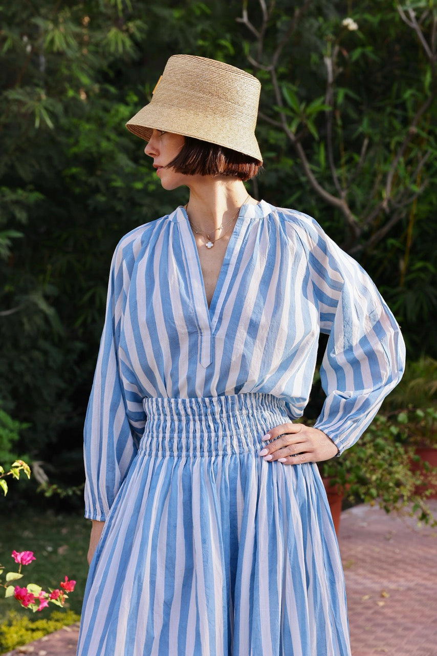 Porto Popover Top in Blue Stripe | Over The Moon