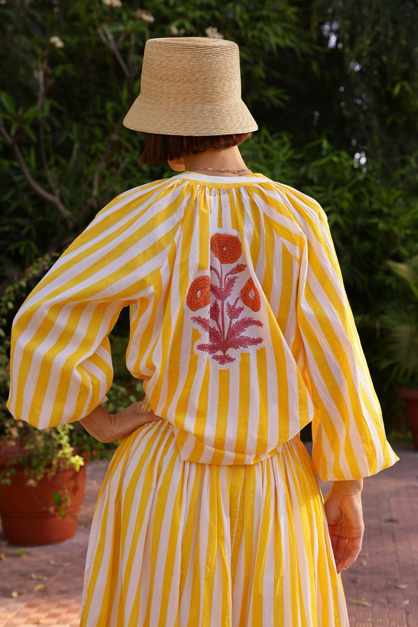 Porto Popover Top in Yellow Stripe