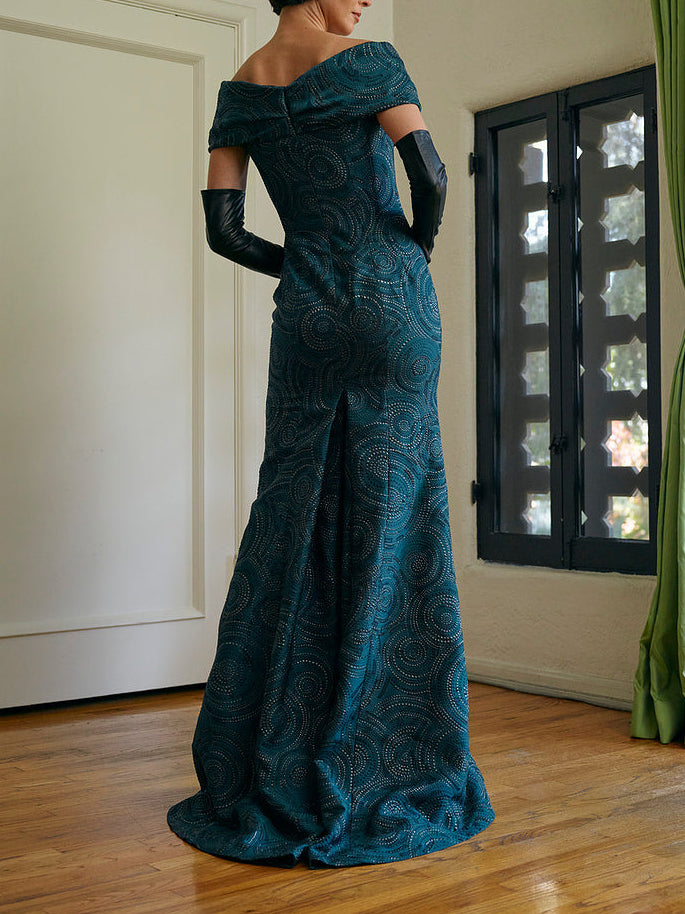Portrait Neckline Gown in French Slate Blue & Silver Brocade with Train