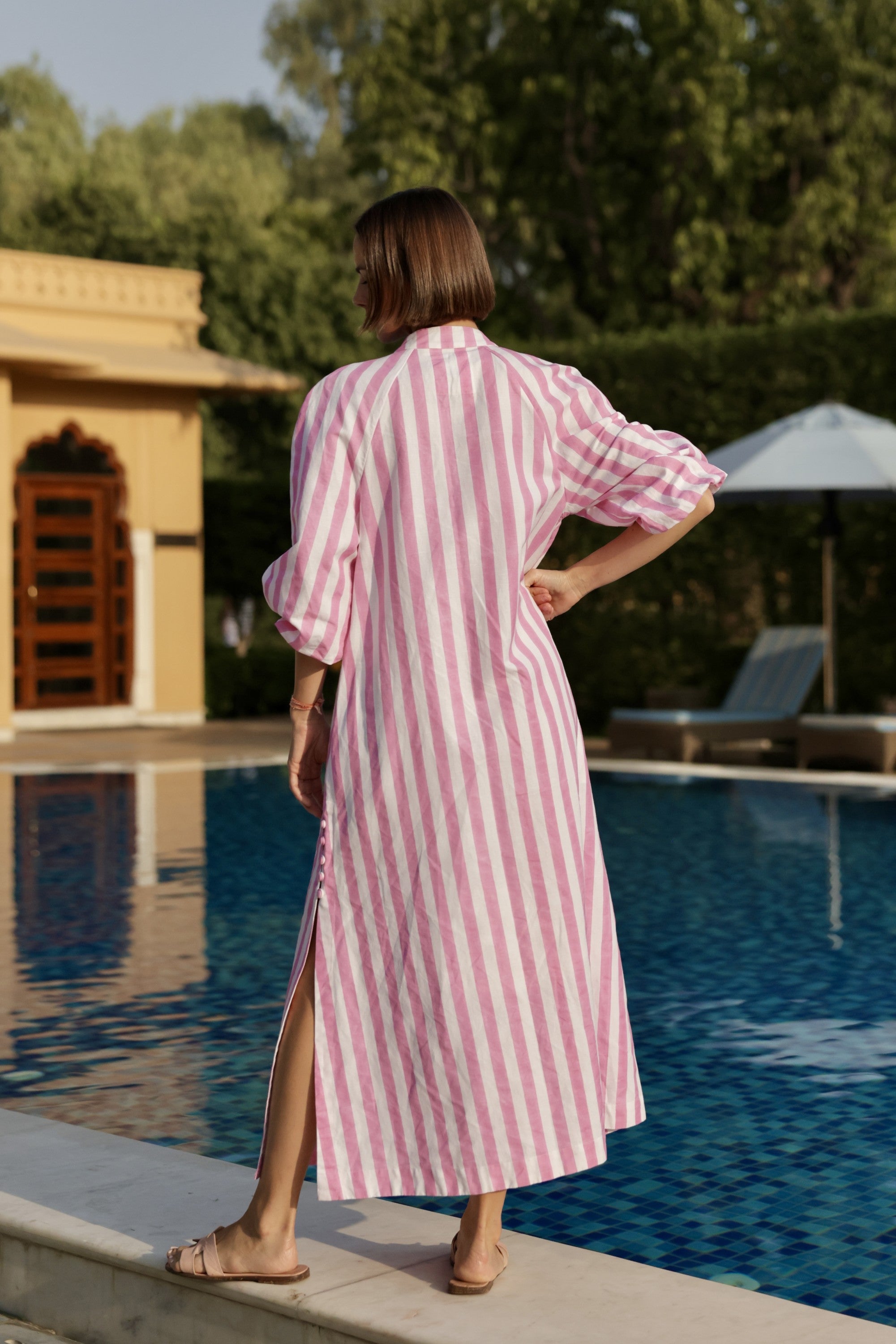 Positano Striped Caftan in Pink Stripes | Over The Moon
