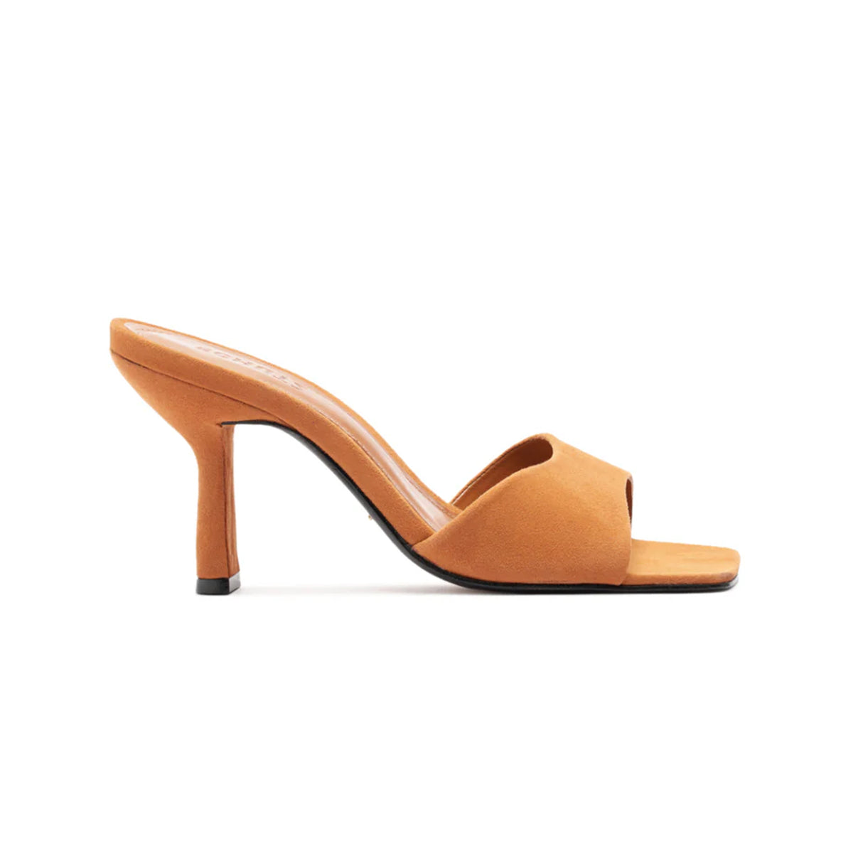 Side view of Posseni Suede Sandal in Cuoio Brown showcasing mule silhouette and angled heel with white background