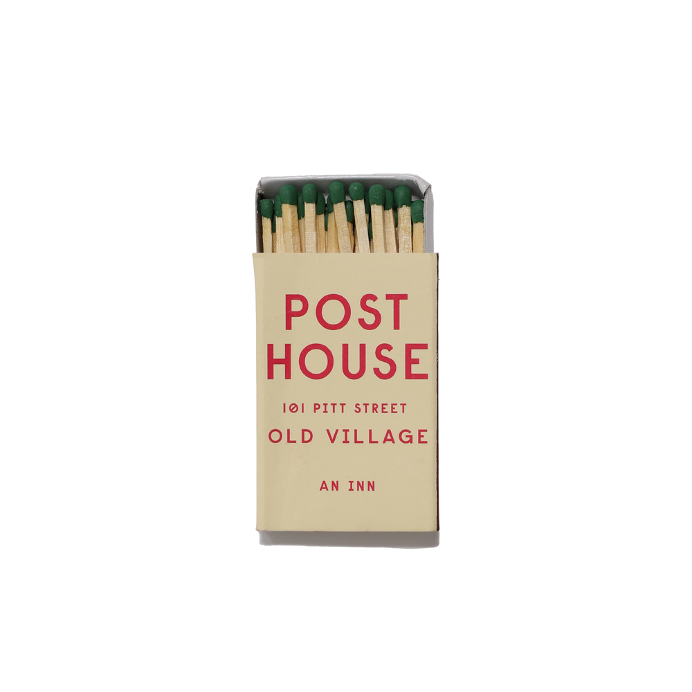 Front view of Post House matchbook front showing red POST HOUSE text on cream cover and green match heads on white background