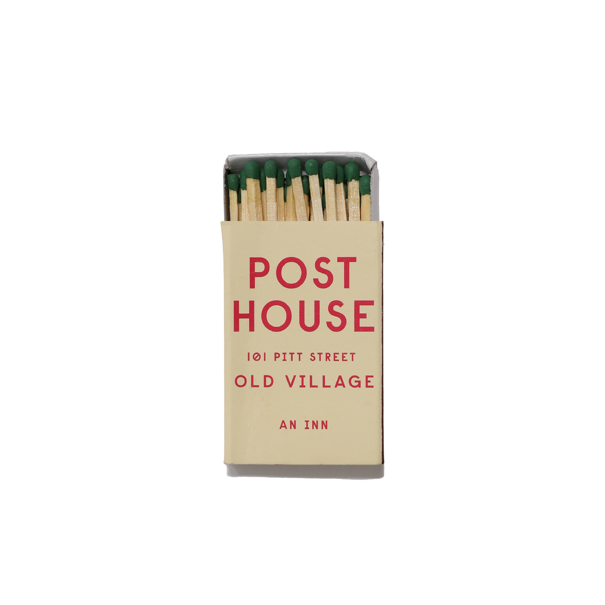Front view of Post House matchbook front showing red POST HOUSE text on cream cover and green match heads on white background