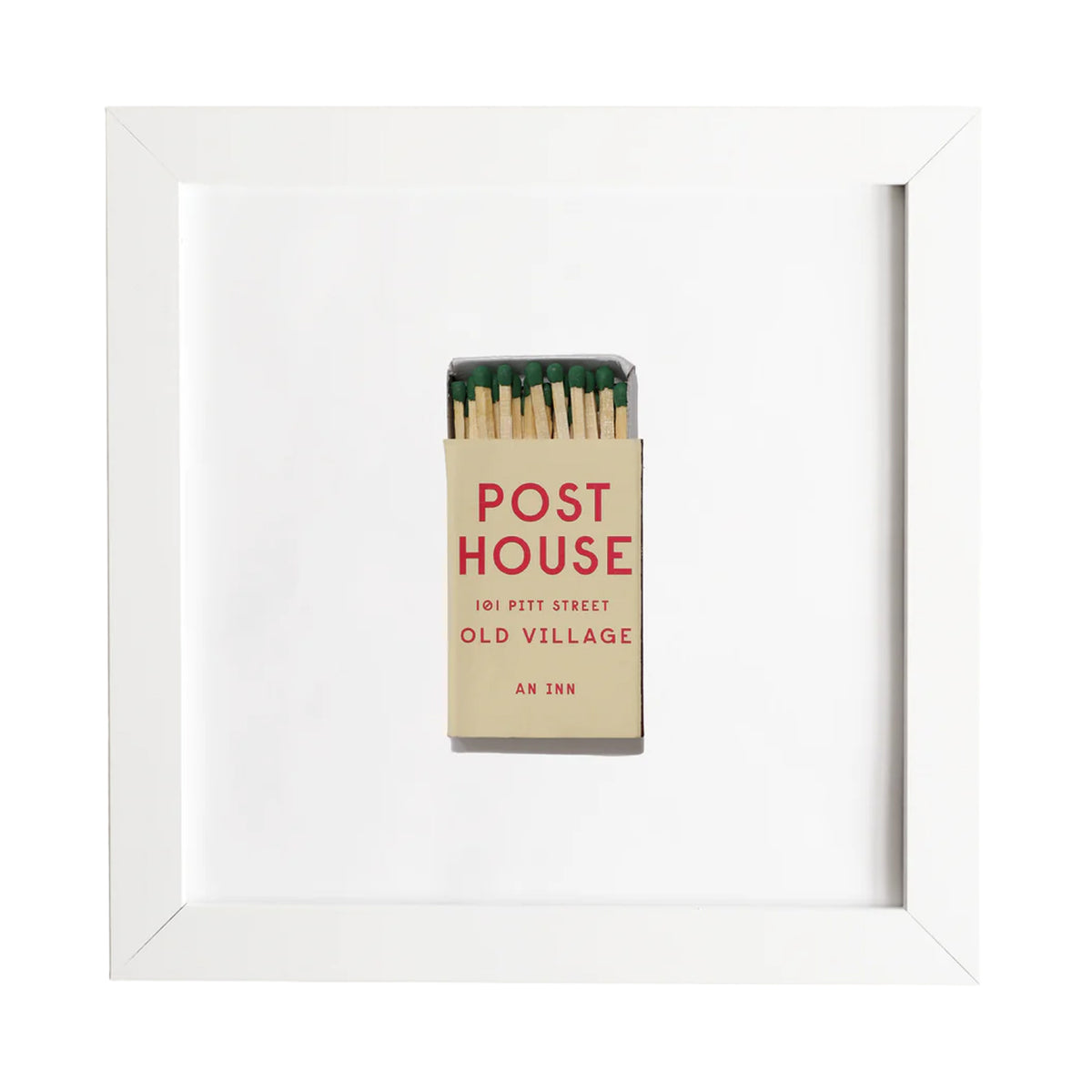 Front view of Post House framed matchbook print with red POST HOUSE text and visible green match heads in a white frame