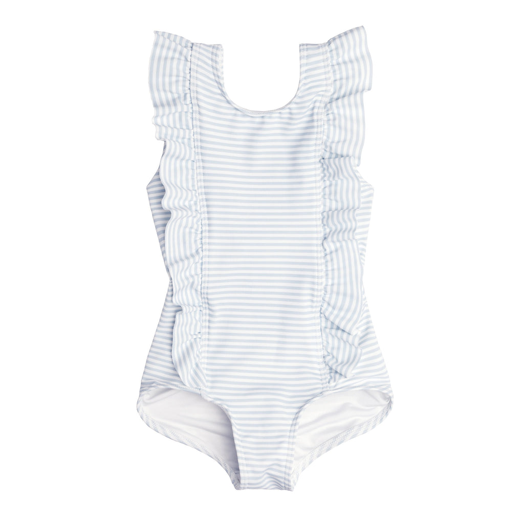 Girls Ruffle Collar One-Piece in Powder Blue Stripe