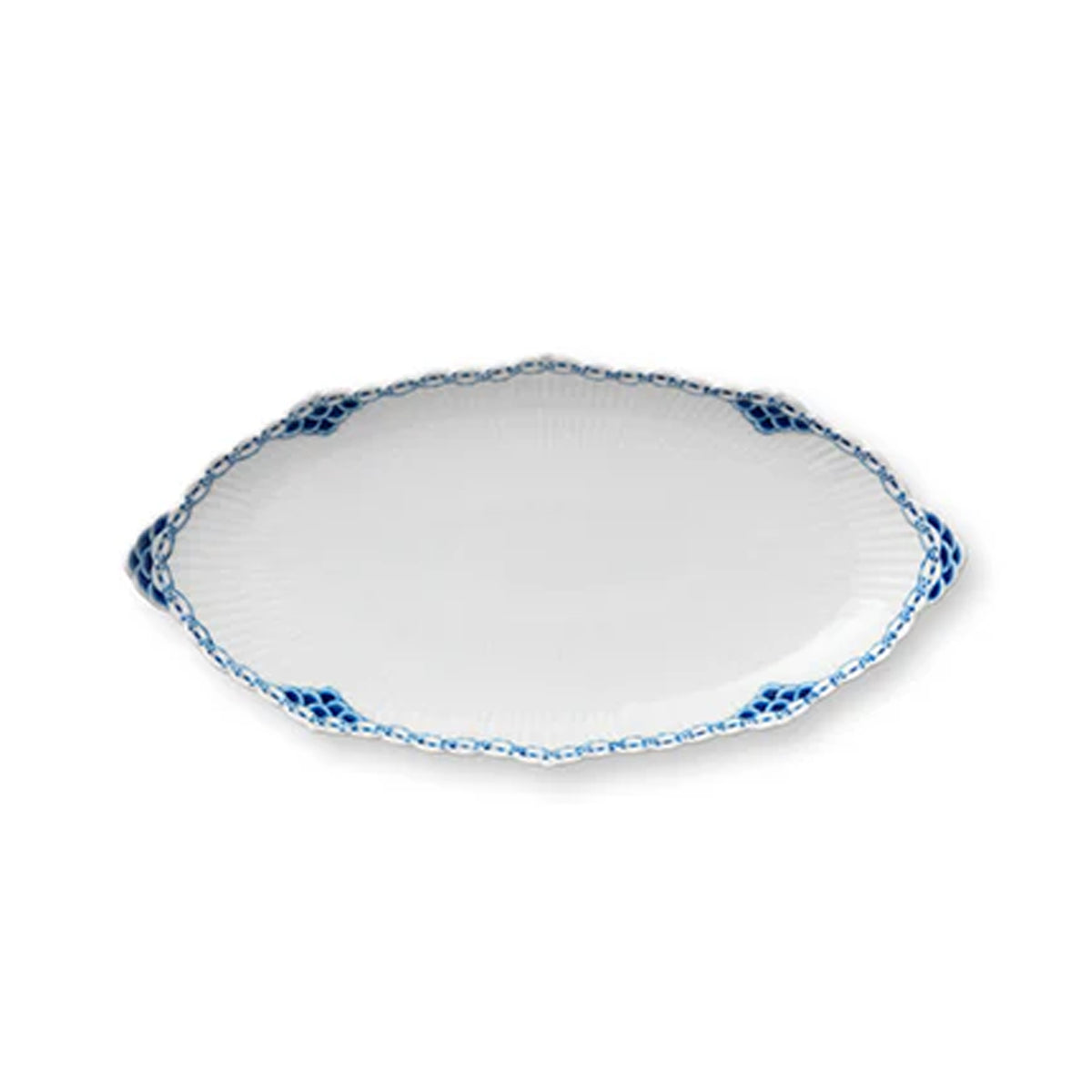Angled view of Princess Oval Dish showcasing hand-painted blue lace border and blue painted scale handles with white background