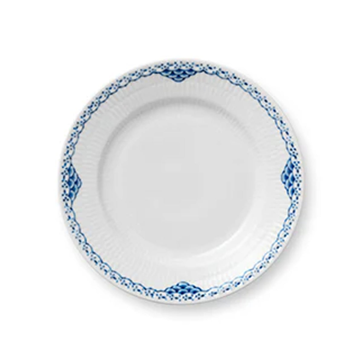 Front view of Princess Plate showcasing a hand-painted blue lace border and fluted surface with a white background