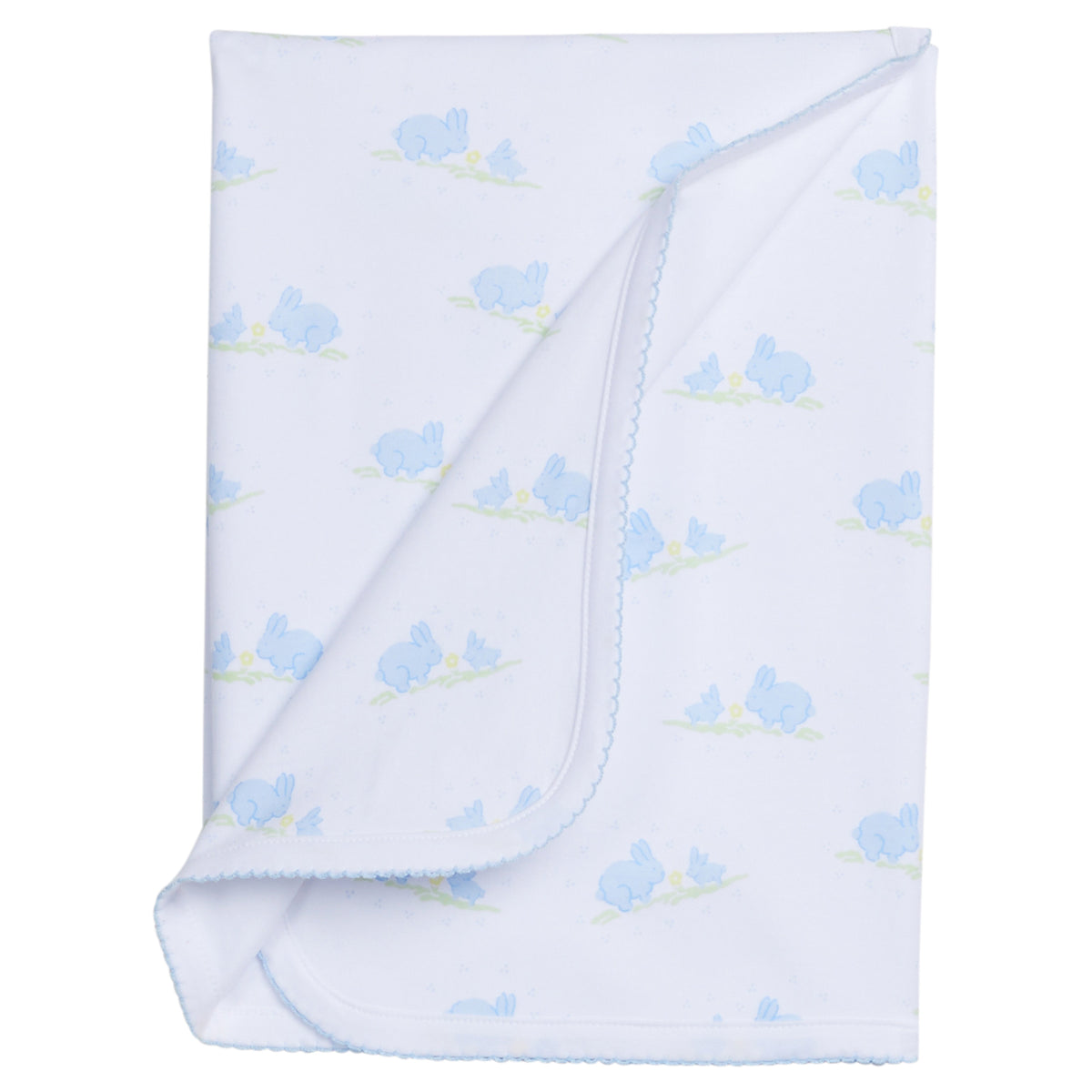 Folded blue printed bunnies baby blanket showing scalloped edge on white background