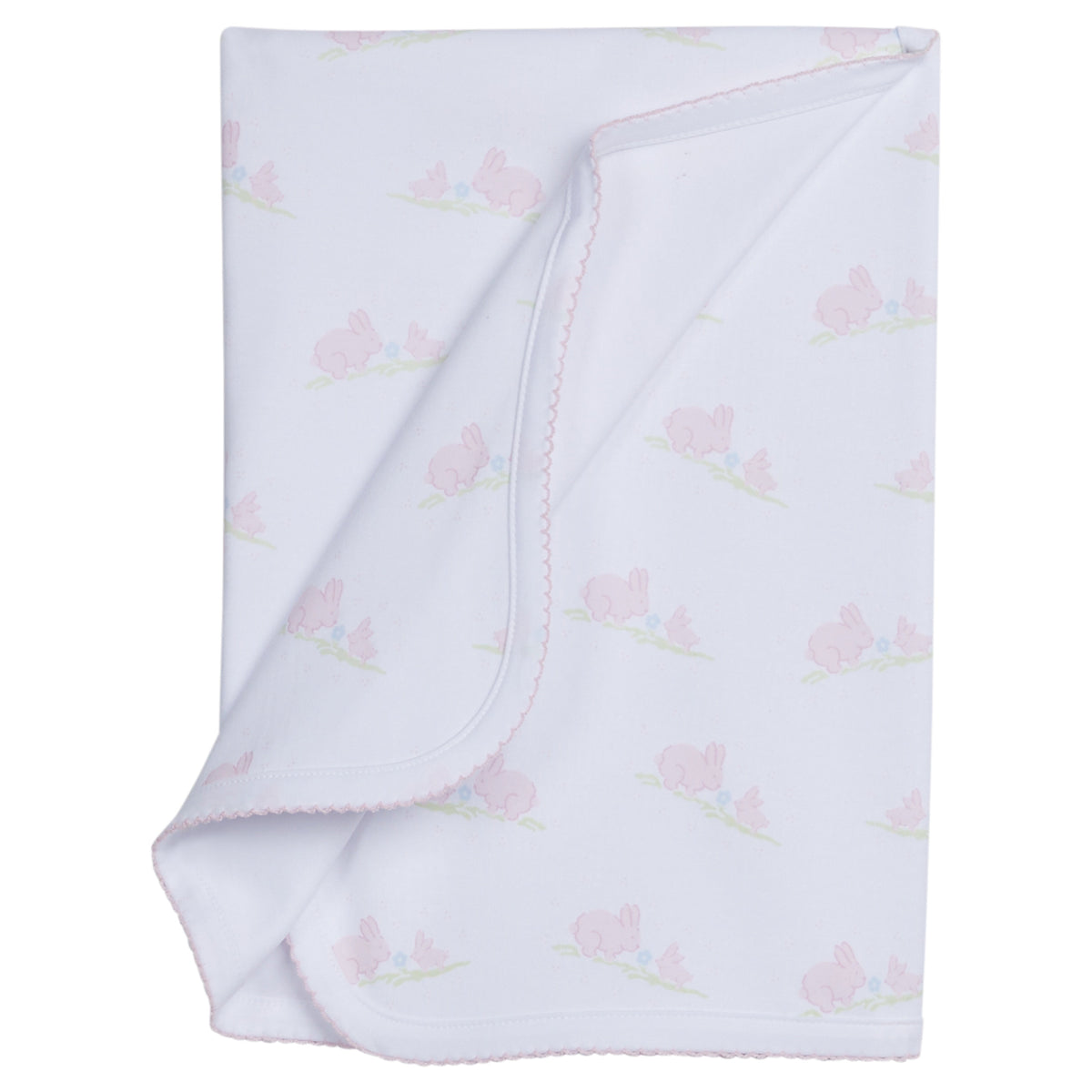 Top view of Printed Blanket - Pink Bunnies showcasing pink bunny print and scalloped trim on a white background