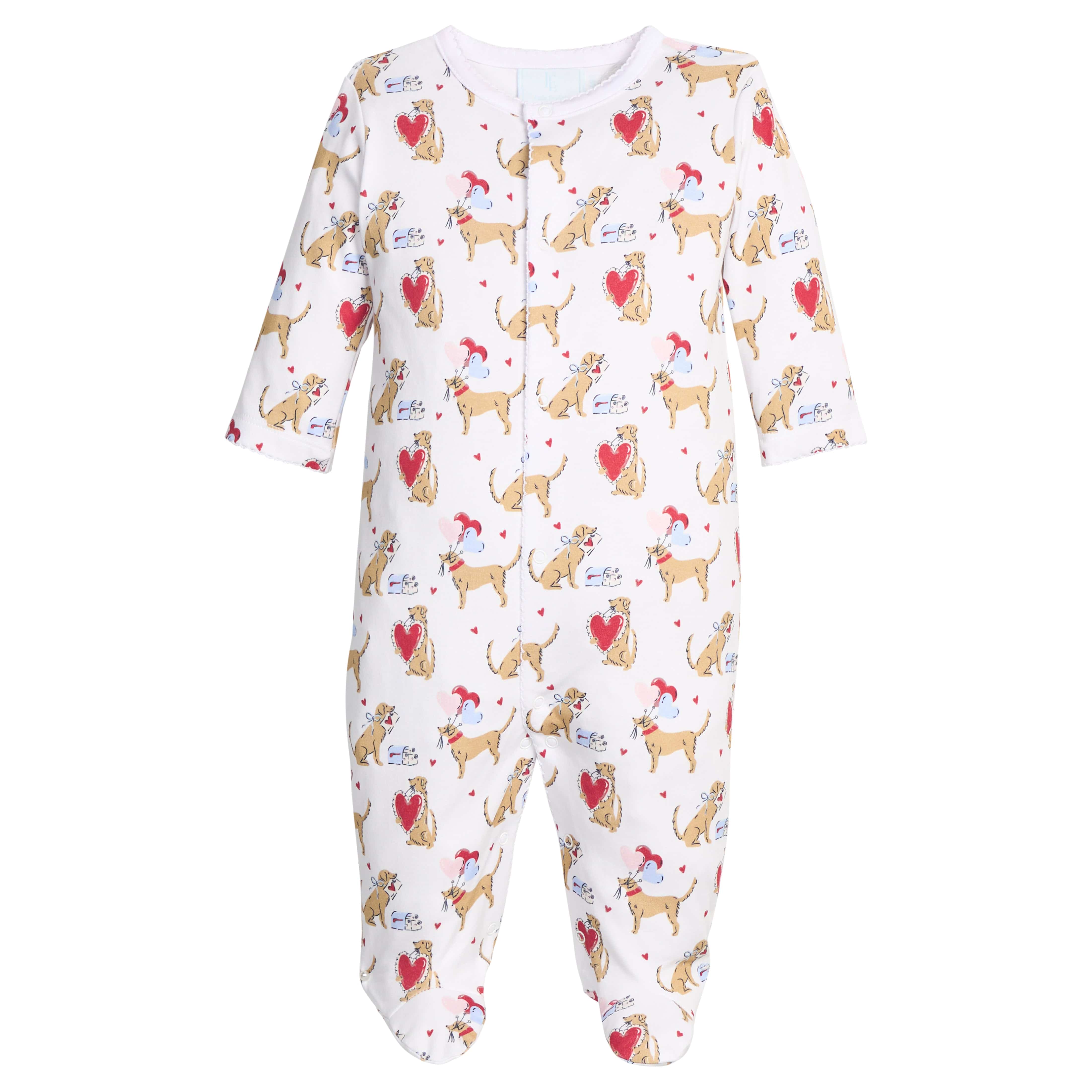 Little English pima cotton footie with dogs and heart balloons for valentine's day

