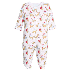 Little English pima cotton footie with dogs and heart balloons for valentine's day
