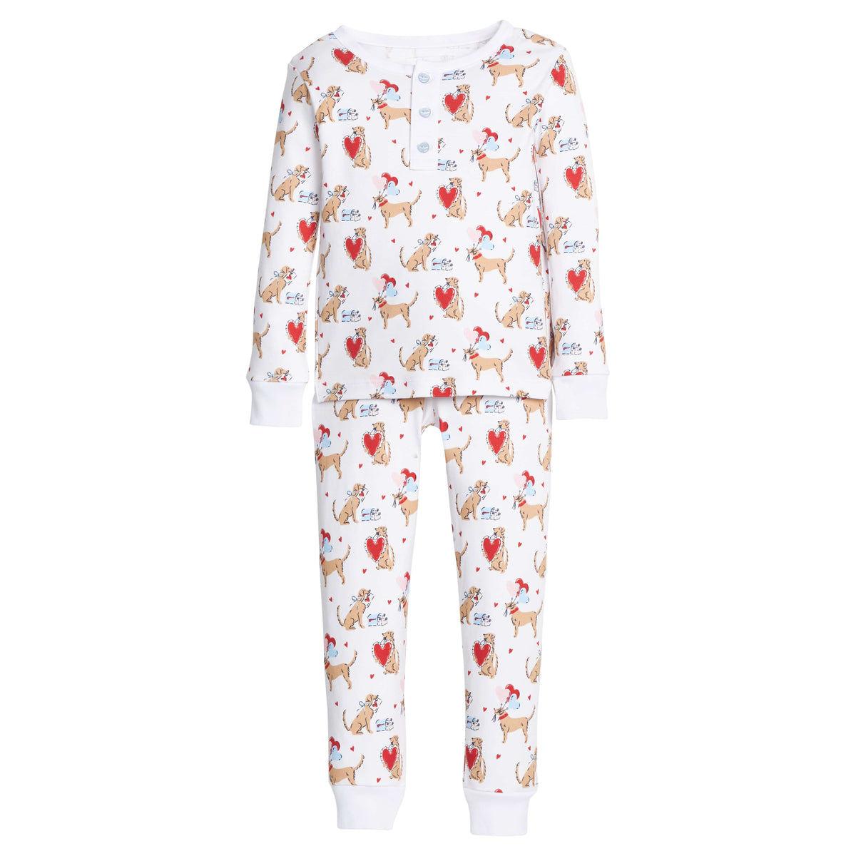 little english classic children's clothing boys long sleeve and pant pajama set with labs and red hearts all over print for Valentines 