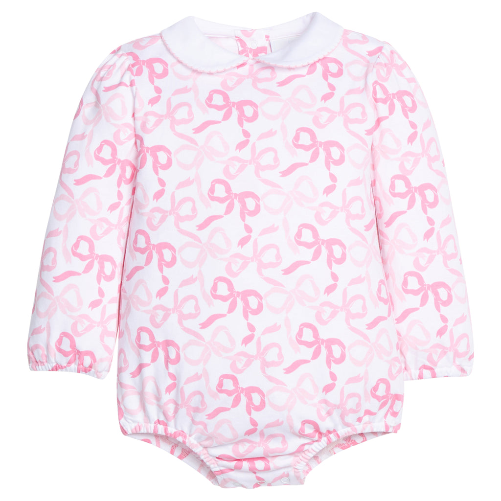 little english classic children's clothing baby girls long sleeve bubble with all over pink bows print with peter pan collar 
