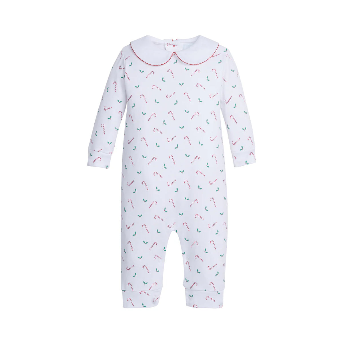 Front view of baby playsuit with Peter Pan collar, red picot trim, and candy cane and holly print on white background