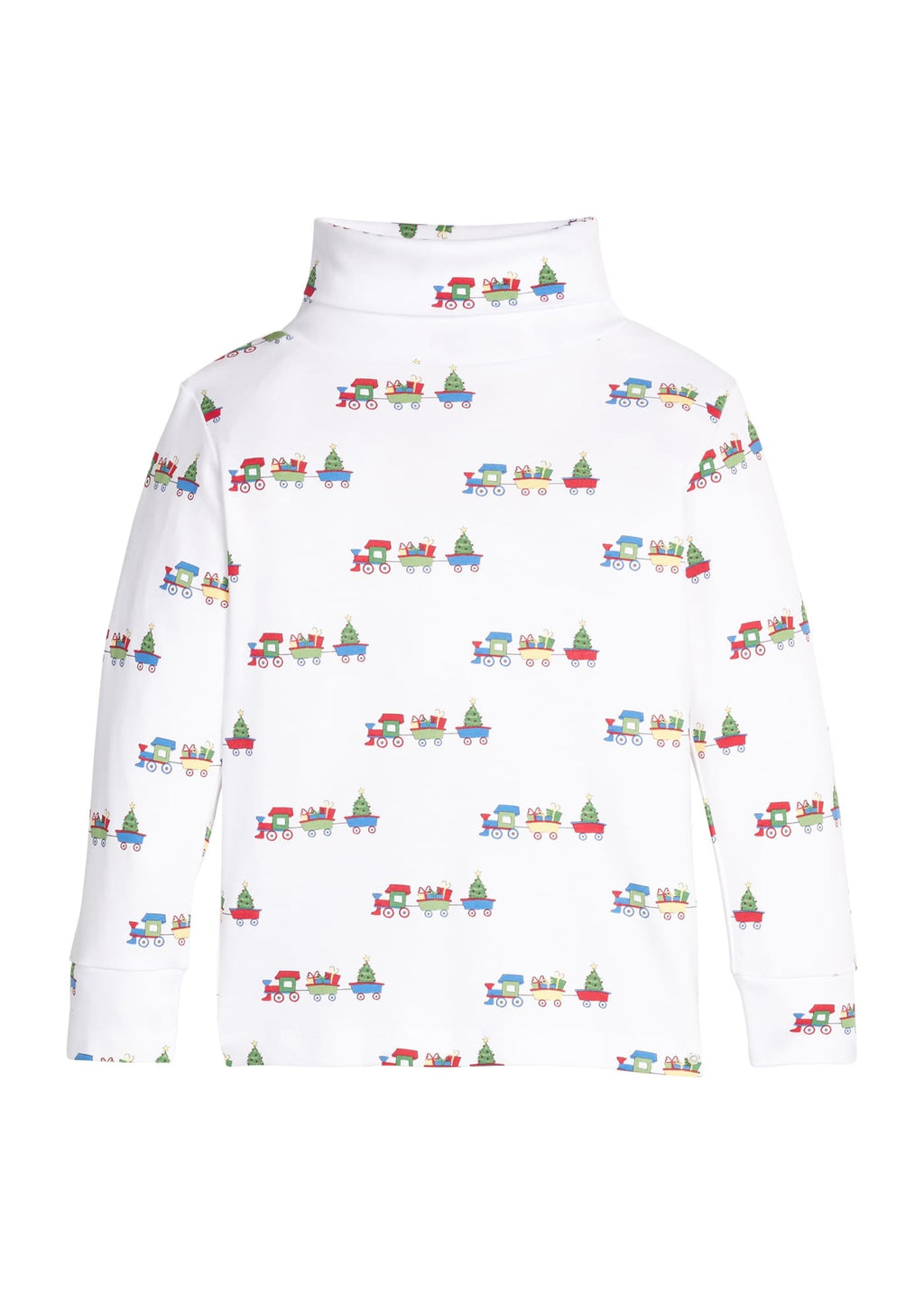 Little English classic children's clothing. White knit turtleneck with holiday train print 