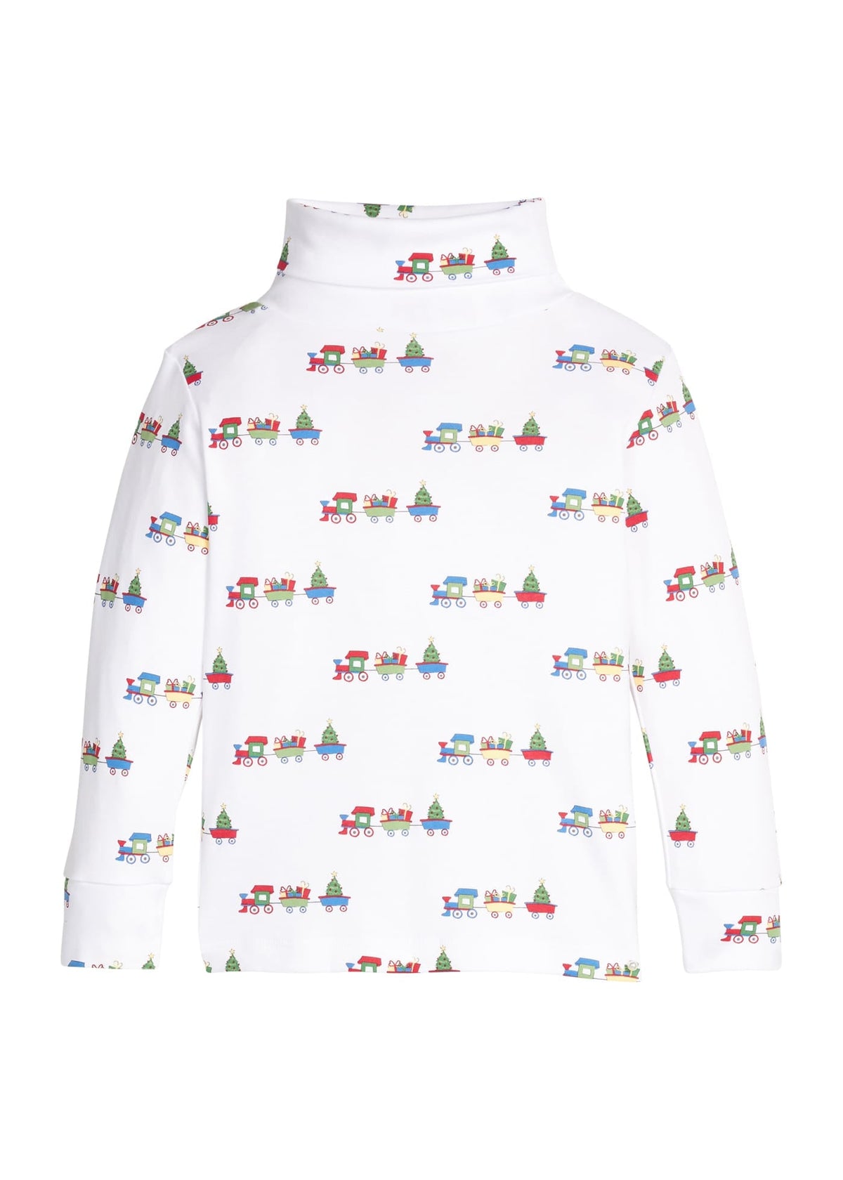 Little English classic children's clothing. White knit turtleneck with holiday train print 