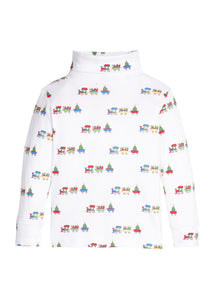 Little English classic children's clothing. White knit turtleneck with holiday train print 