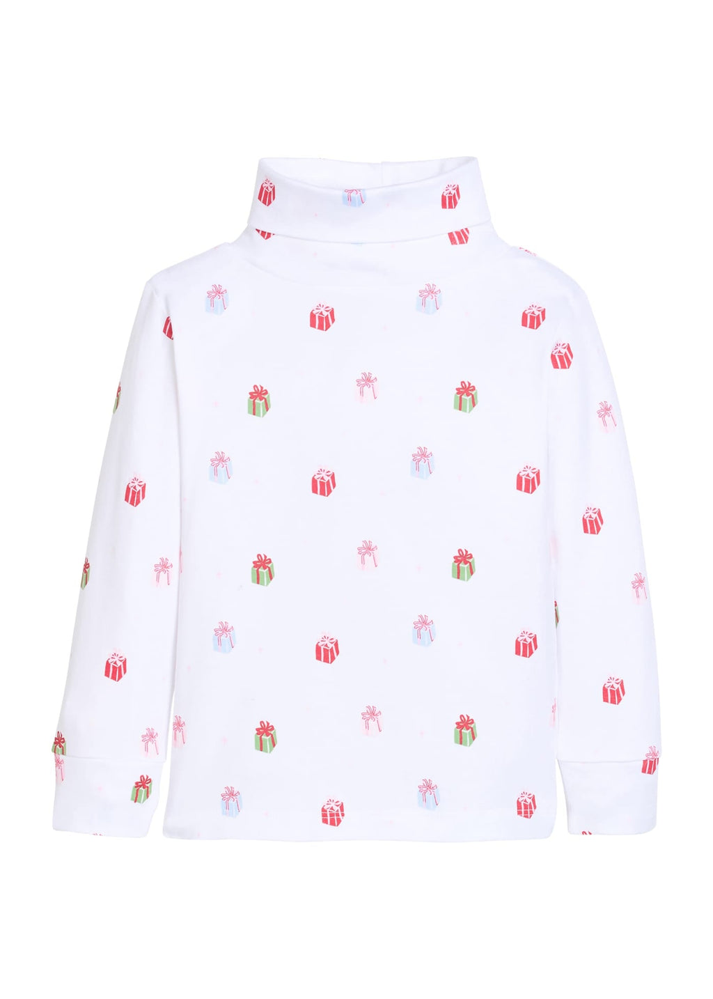 Little English classic children's clothing. White knit turtleneck with holiday present print 