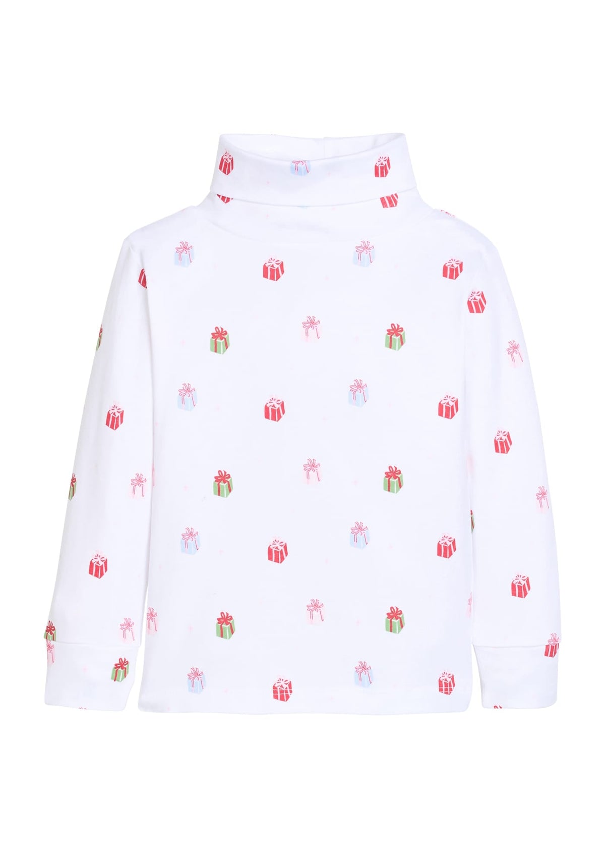 Little English classic children's clothing. White knit turtleneck with holiday present print 