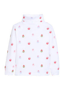 Little English classic children's clothing. White knit turtleneck with holiday present print 
