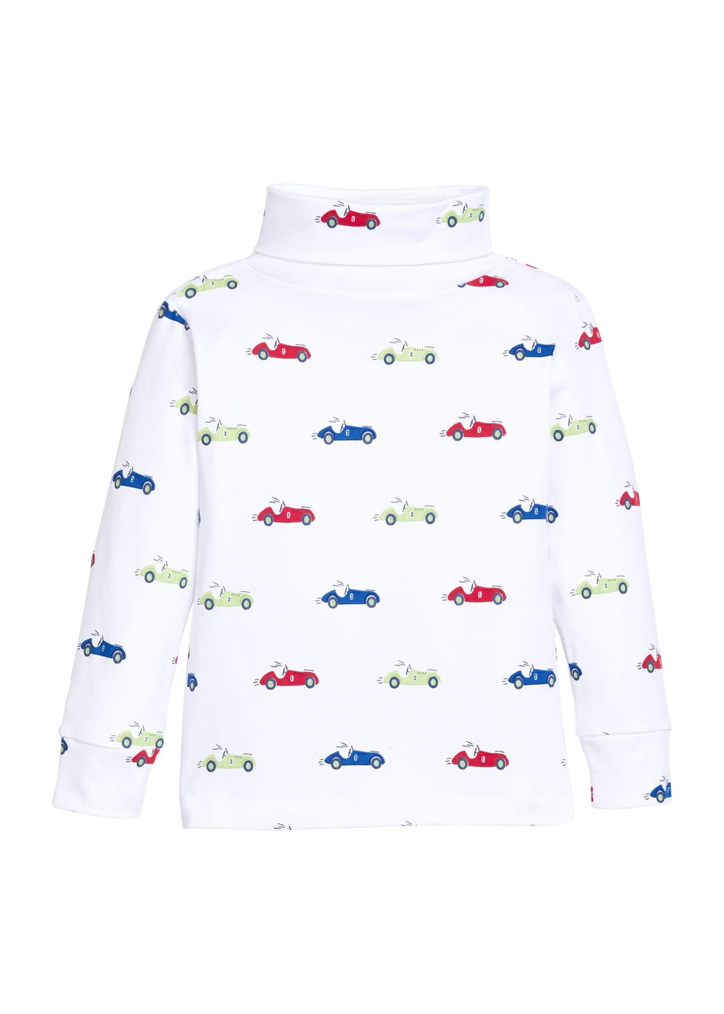 Little English classic children's clothing. White knit turtleneck with red, blue, & green race car print for boys
