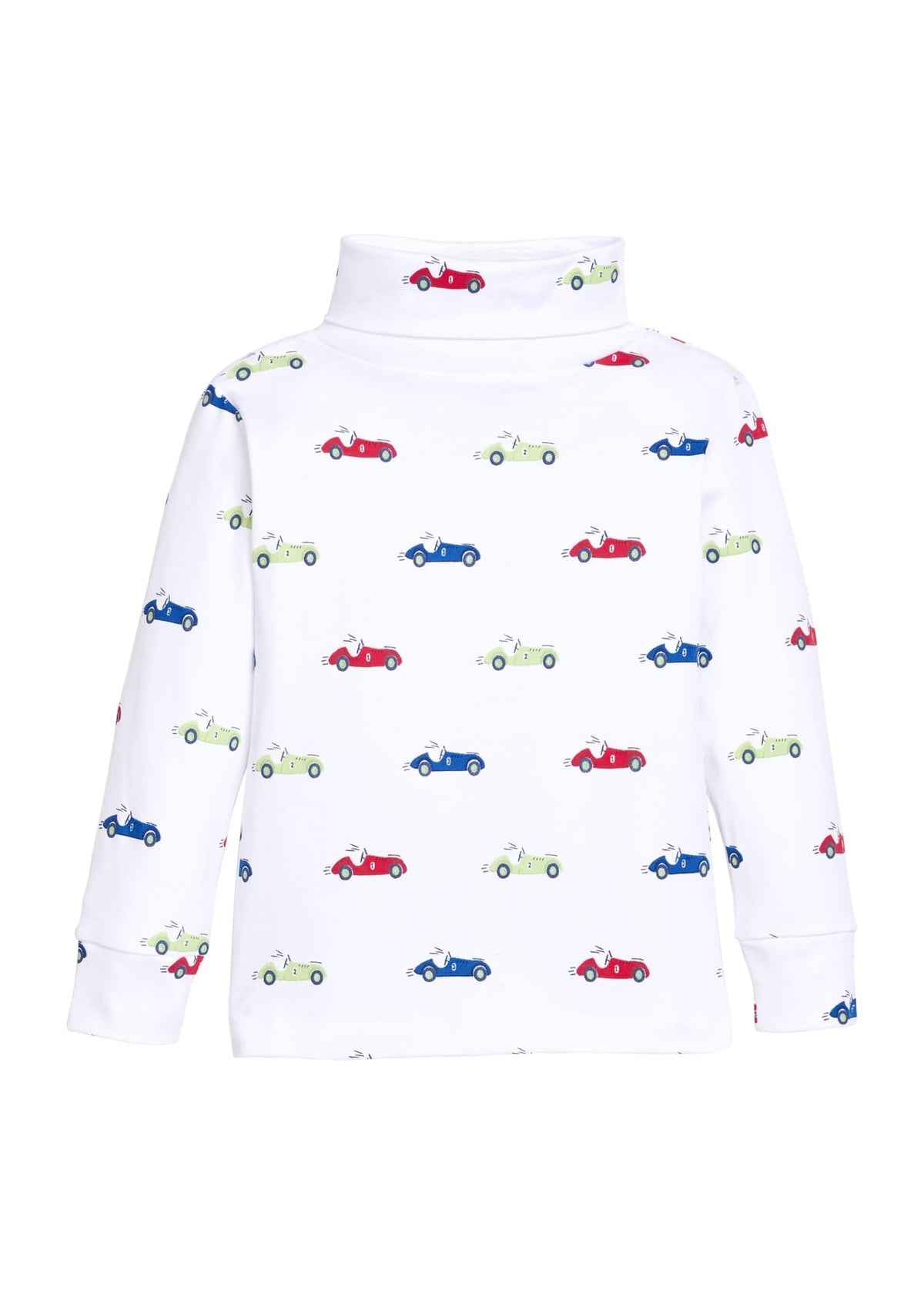 Little English classic children's clothing. White knit turtleneck with red, blue, & green race car print for boys