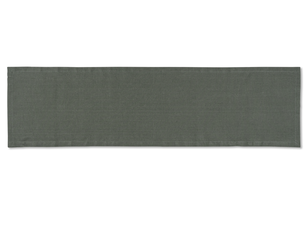 A linen table runner in the color pewter