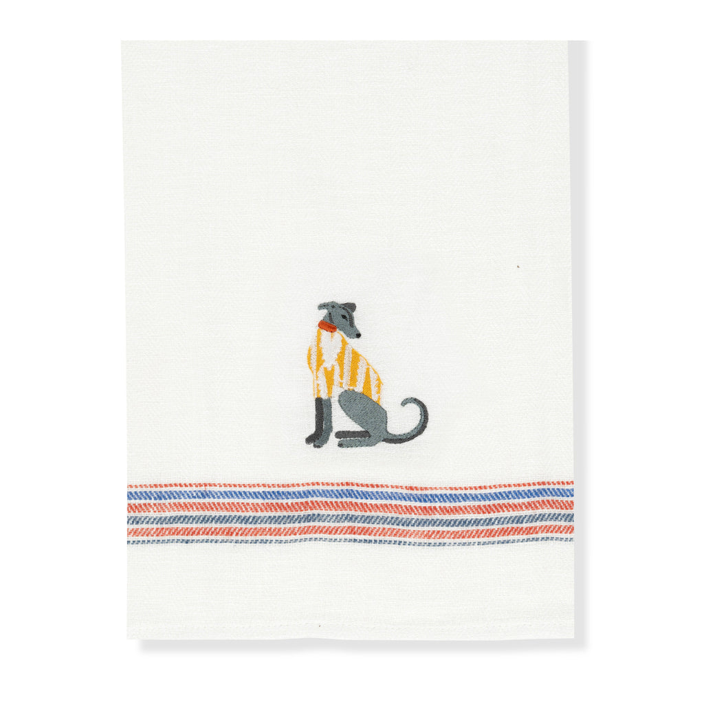 french red and blue stripe kitchen towel with lurcher embroidery