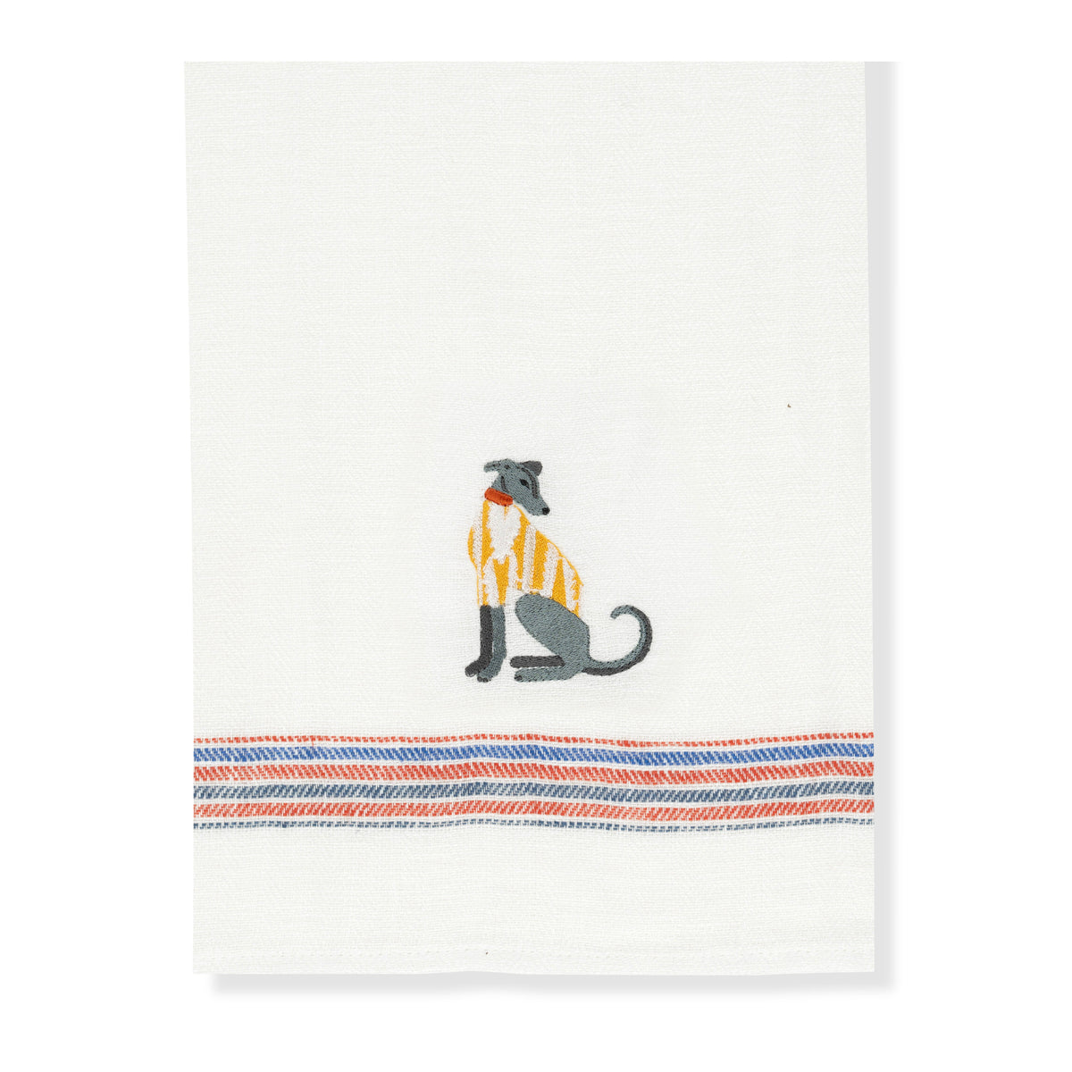 french red and blue stripe kitchen towel with lurcher embroidery