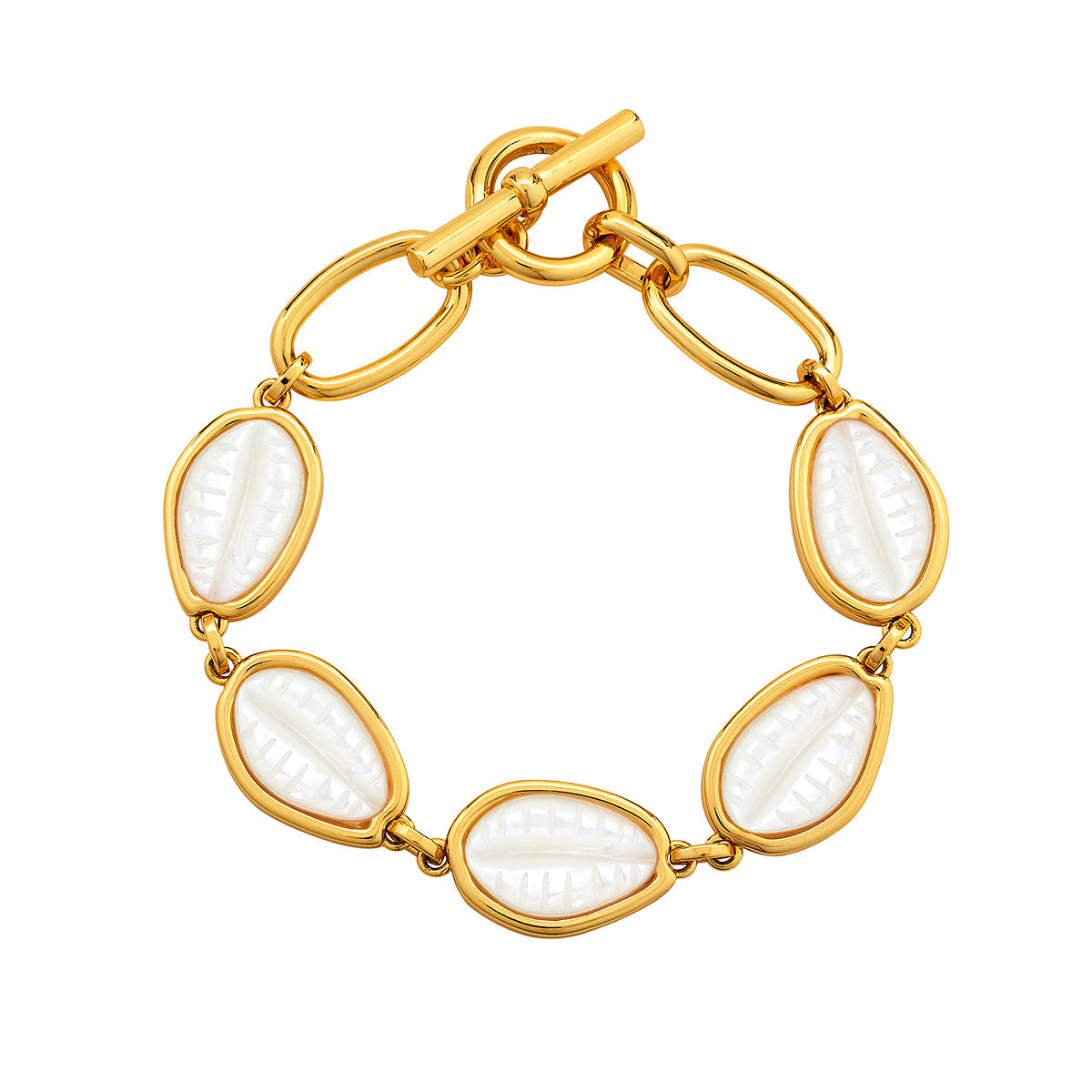 Front view of Puka Shell Bracelet showcasing mother-of-pearl cowrie shells, 14K gold-dipped settings, and toggle closure
