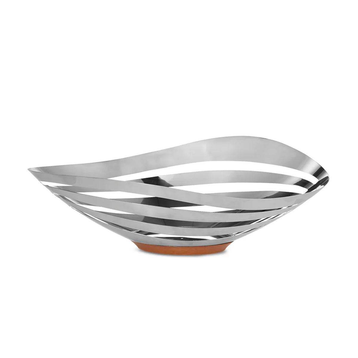 Front view of Pulse Bread & Fruit Bowl showcasing laser cut stainless steel design and acacia wood base with white background